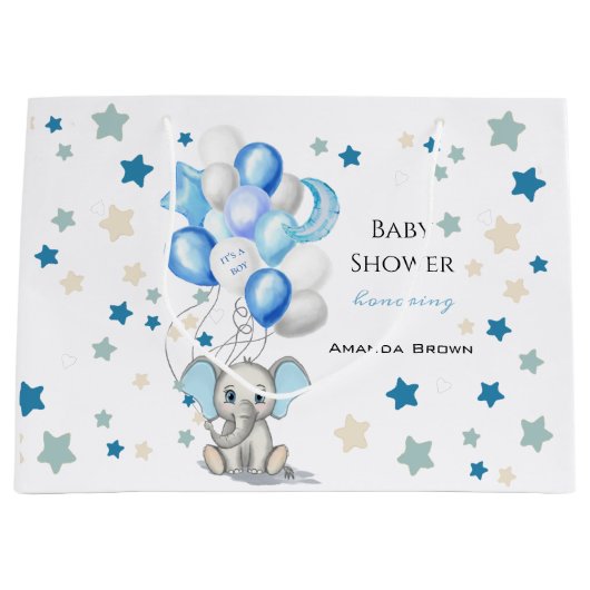 Cute Baby Elephant with Balloons Boy Baby shower Groot Cadeauzakje (Voorkant)