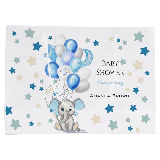 Cute Baby Elephant with Balloons Boy Baby shower Groot Cadeauzakje (Achterkant)
