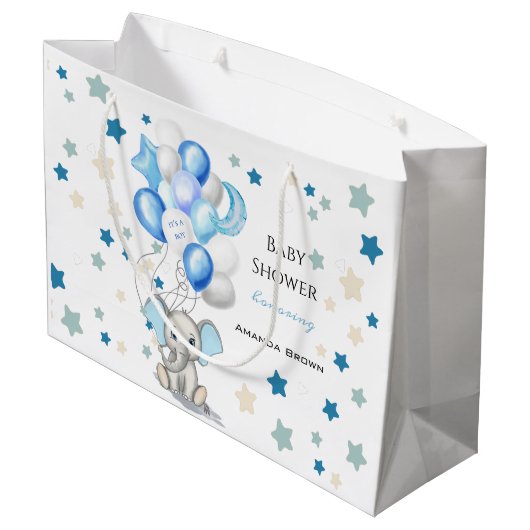 Cute Baby Elephant with Balloons Boy Baby shower Groot Cadeauzakje (Achterkant Gekanteld)