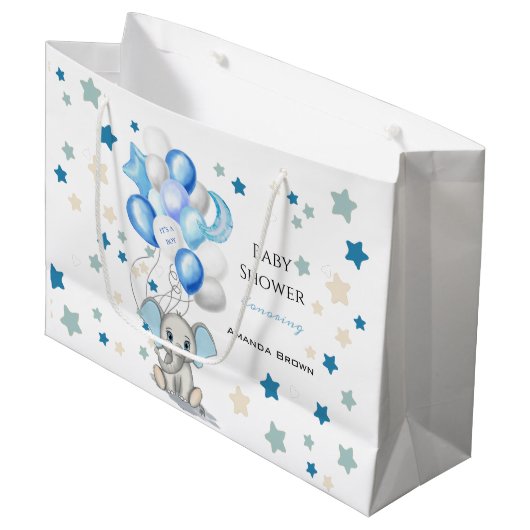 Cute Baby Elephant with Balloons Boy Baby shower Groot Cadeauzakje (Voorkant Gekanteld)