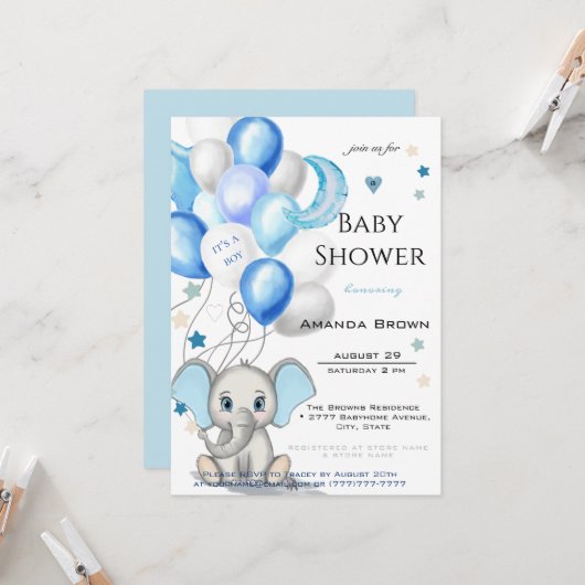 Cute Baby Elephant with Balloons Boy Baby shower Kaart (Voorkant / Achterkant in situ)