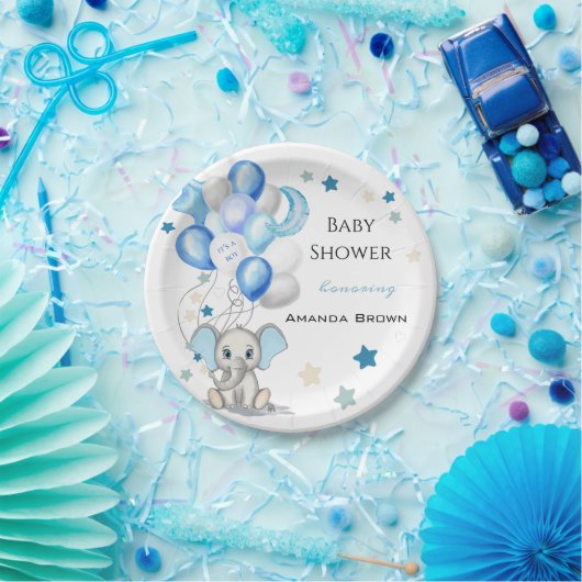 Cute Baby Elephant with Balloons Boy Baby shower Papieren Bordje (Feest)