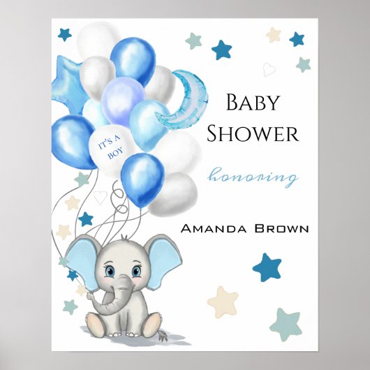 Cute Baby Elephant with Balloons Boy Baby shower Poster (Voorkant)