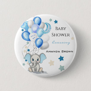 Cute Baby Elephant with Balloons Boy Baby shower Ronde Button 5,7 Cm