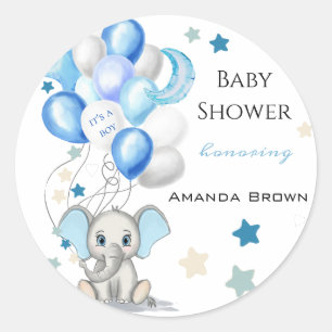 Cute Baby Elephant with Balloons Boy Baby shower Ronde Sticker