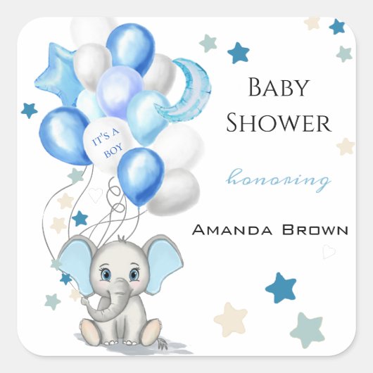 Cute Baby Elephant with Balloons Boy Baby shower Vierkante Sticker (Voorkant)