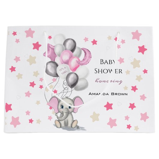 Cute Baby Elephant with Balloons Girl Baby shower Groot Cadeauzakje (Voorkant)