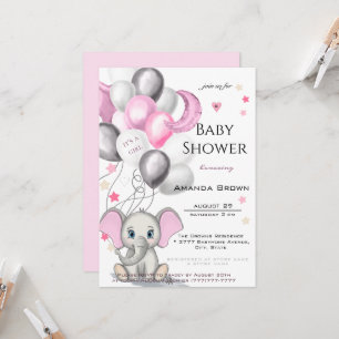 Cute Baby Elephant with Balloons Girl Baby shower Kaart