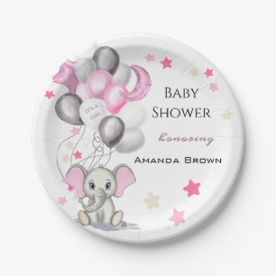 Cute Baby Elephant with Balloons Girl Baby shower Papieren Bordje