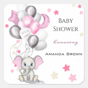 Cute Baby Elephant with Balloons Girl Baby shower Vierkante Sticker