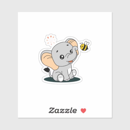 Cute Baby Elephant with Bee Cartoon Vinyl Sticker (Vel)