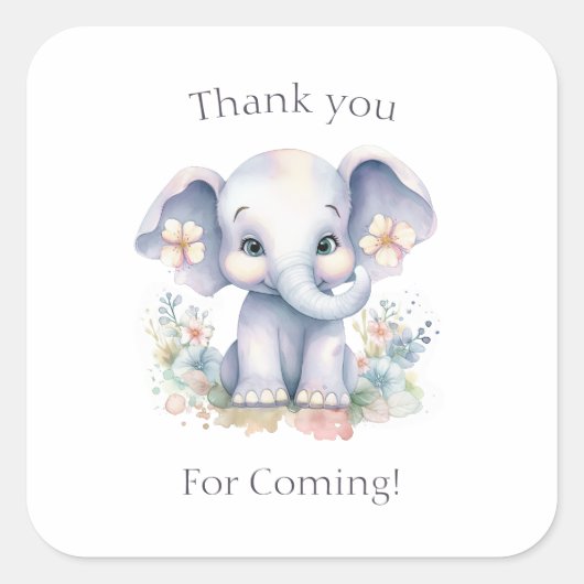 Cute Baby Elephant with Flowers Baby Shower Vierkante Sticker (Voorkant)