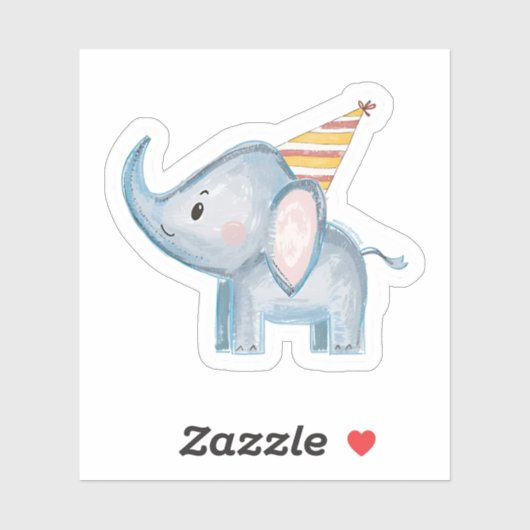 Cute Baby Elephant with Party Hat Birthday Sticker (Vel)
