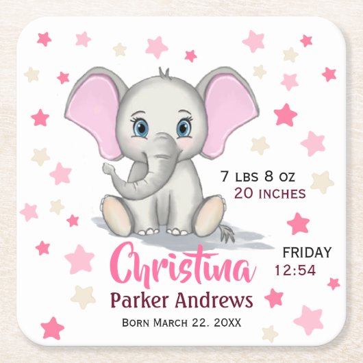 Cute Baby Elephant with Pink Ears Girl Birth Stats Kartonnen Onderzetters (Voorkant)