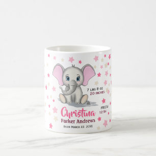 Cute Baby Elephant with Pink Ears Girl Birth Stats Koffiemok