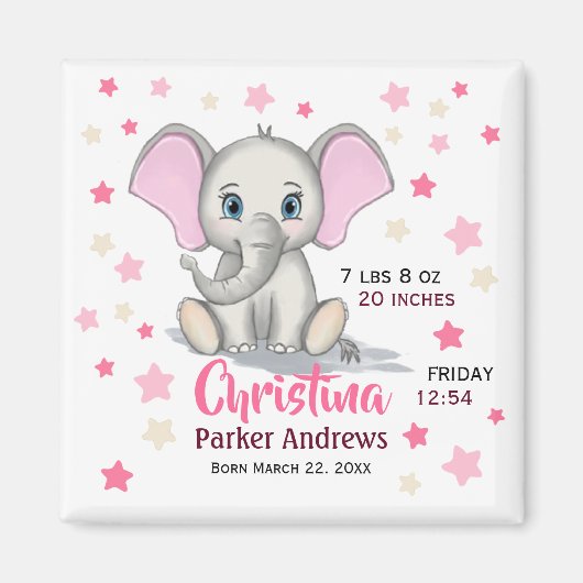 Cute Baby Elephant with Pink Ears Girl Birth Stats Magneet (Voorkant)