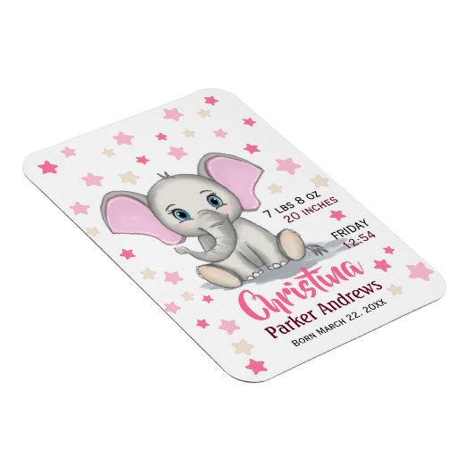 Cute Baby Elephant with Pink Ears Girl Birth Stats Magneet (Rechterzijde)