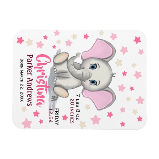Cute Baby Elephant with Pink Ears Girl Birth Stats Magneet (Horizontaal)