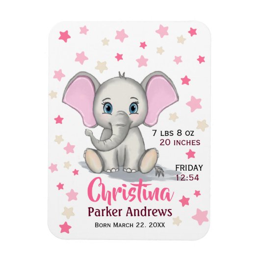 Cute Baby Elephant with Pink Ears Girl Birth Stats Magneet (Verticaal)