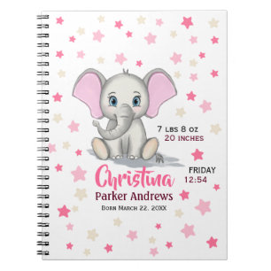 Cute Baby Elephant with Pink Ears Girl Birth Stats Notitieboek