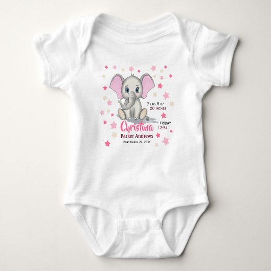 Cute Baby Elephant with Pink Ears Girl Birth Stats Romper (Voorkant)