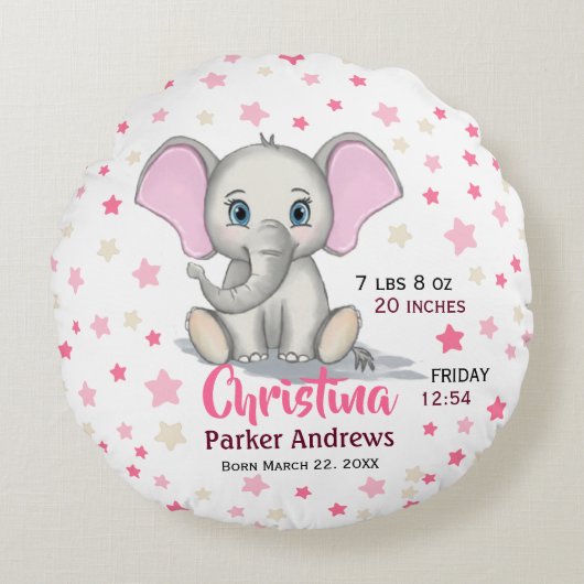 Cute Baby Elephant with Pink Ears Girl Birth Stats Rond Kussen (Voorkant)