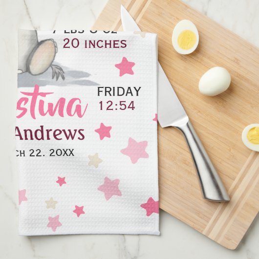 Cute Baby Elephant with Pink Ears Girl Birth Stats Theedoek (Quarter Fold)