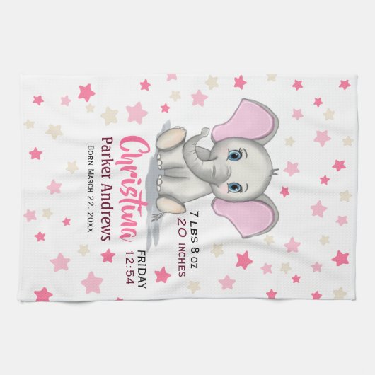 Cute Baby Elephant with Pink Ears Girl Birth Stats Theedoek (Horizontaal)