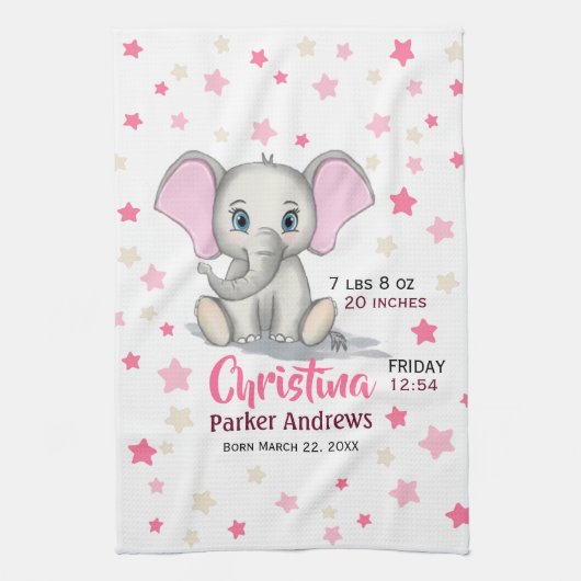 Cute Baby Elephant with Pink Ears Girl Birth Stats Theedoek (Verticaal)
