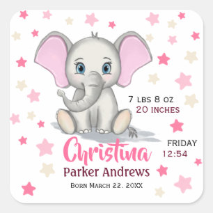 Cute Baby Elephant with Pink Ears Girl Birth Stats Vierkante Sticker