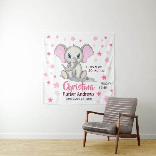 Cute Baby Elephant with Pink Ears Girl Birth Stats Wandkleed (In situ)