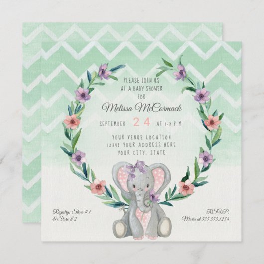 Cute Baby Elephant Wreath Floral Chevron Pattern Kaart (Voorkant / Achterkant)