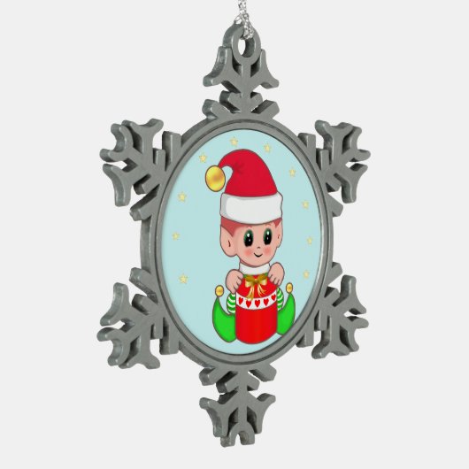 Cute Baby Elf & Stars on Light Blue Tin Sneeuwvlok Ornament (Links)