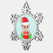 Cute Baby Elf & Stars on Light Blue Tin Sneeuwvlok Ornament (Rechts)