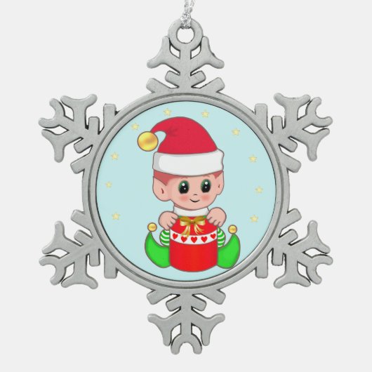 Cute Baby Elf & Stars on Light Blue Tin Sneeuwvlok Ornament (Voorkant)