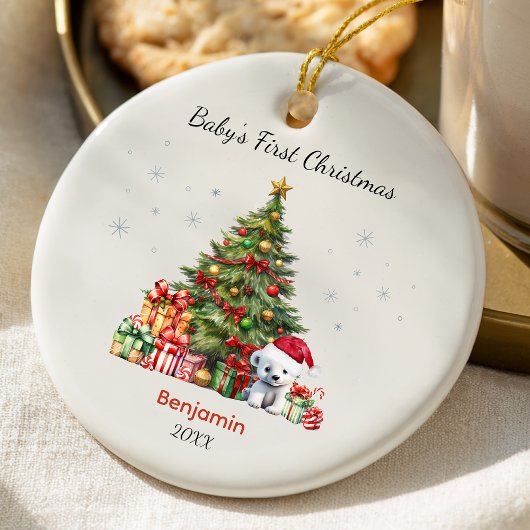 Cute baby first Christmas tree presents teddy bear Keramisch Ornament
