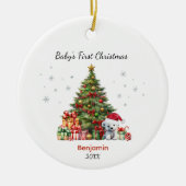Cute baby first Christmas tree presents teddy bear Keramisch Ornament (Voorkant)