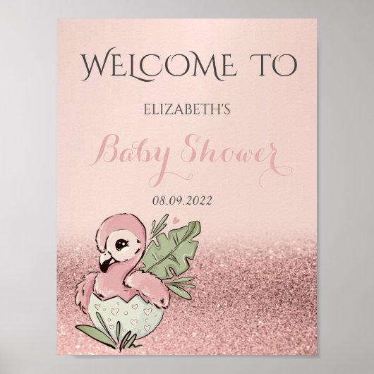 Cute Baby Flamingo Roos Gold Glitter Baby shower Poster (Voorkant)