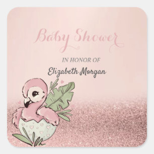 Cute Baby Flamingo Roos Gold Glitter Vierkante Sticker