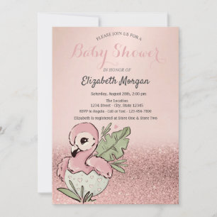 Cute Baby Flamingo Roze Goud Glitter Baby Shower Kaart