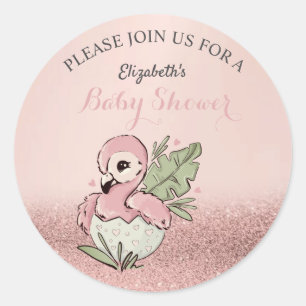 Cute Baby Flamingo Roze Goud Glitter Baby Shower Ronde Sticker