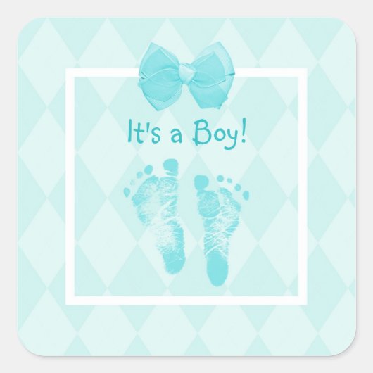 Cute Baby Footprint Baby shower Blue Ribbon Vierkante Sticker (Voorkant)