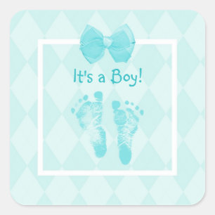 Cute Baby Footprint Baby shower Blue Ribbon Vierkante Sticker