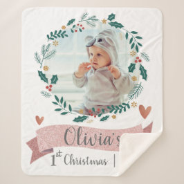 Cute Baby Foto Eerste Kerstmis Roze Heart Wreater Sherpa Deken