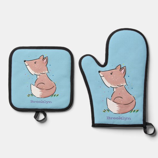 Cute baby fox cartoon illustratie ovenwant & pannenlap set (Voorkant)