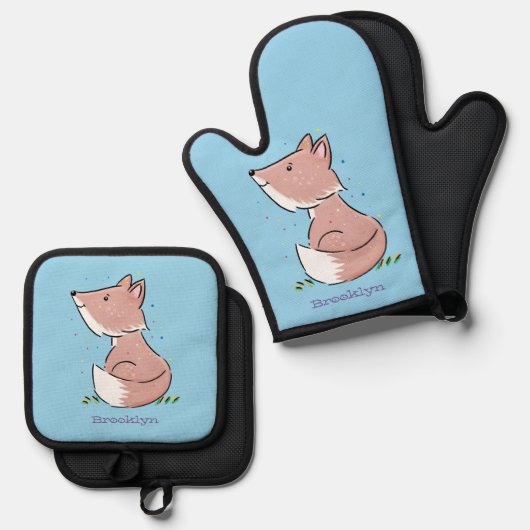 Cute baby fox cartoon illustratie ovenwant & pannenlap set (Voorkant / Achterkant)
