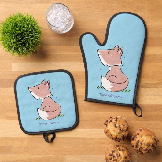 Cute baby fox cartoon illustratie ovenwant & pannenlap set (Top down)