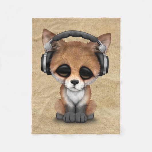 Cute Baby Fox Dj Wearing Headphones Fleece Deken (Voorkant)