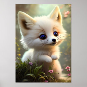 Cute baby fox in wilde bloemen poster