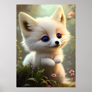 Cute baby fox in wilde bloemen poster